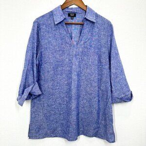 Jones New York Size L Linen V Neck Popover Tunic‎ Blouse Coastal Casual Classic